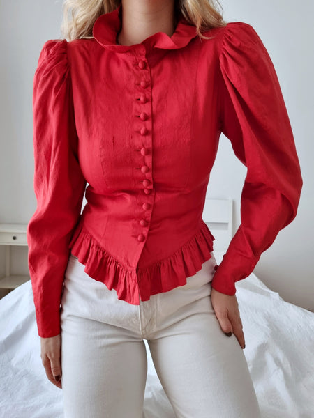 Vintage Red Pure Silk Ruffle Blouse
