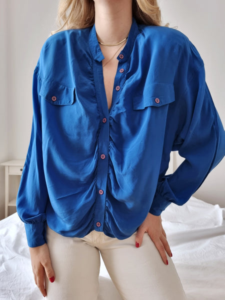 Preloved Ruffled Azure Silk Blouse