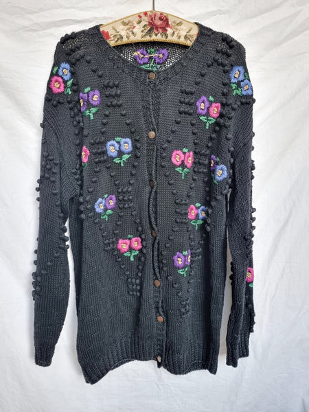 Vintage Handmade Floral Pom Pom Knit Cardigan
