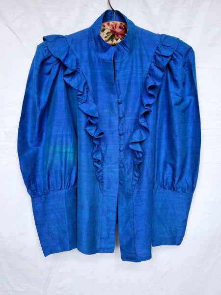 Vintage Pure Silk Electric Blue Ruffle Blouse