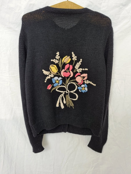 Vintage Black Floral 3D Embroidered Cardigan