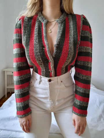Vintage Striped Puff Sleeve Cardigan