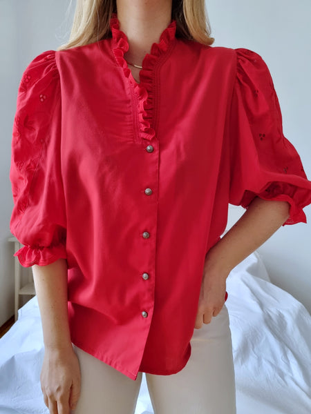 Vintage Red Puff Sleeve Blouse