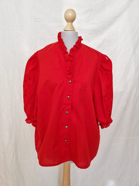 Vintage Red Puff Sleeve Blouse
