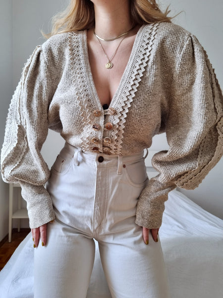 Vintage Beige Lace Mutton Sleeve Cardigan
