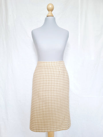 Beige and White Houndstooth Midi Skirt