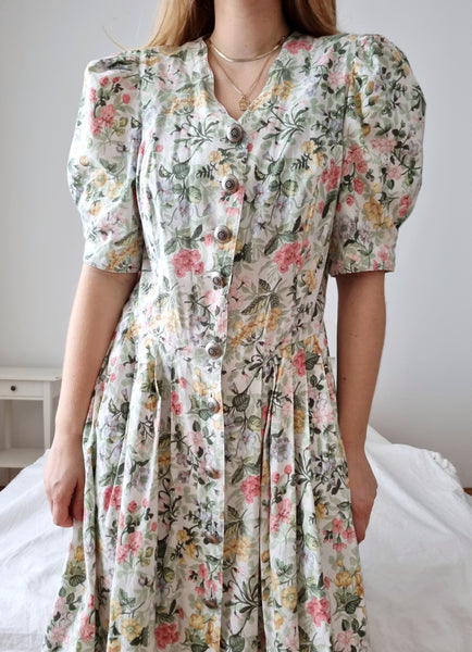Vintage Floral Pastel Puff Sleeve Dress