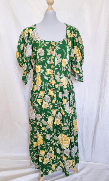Vintage Butter Hibiscus Puff Sleeve Dress