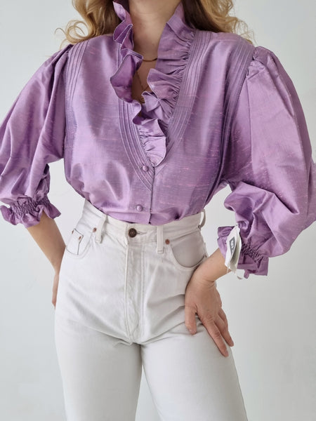 Vintage Deadstock Lilac Pure Silk Puff Sleeve Blouse