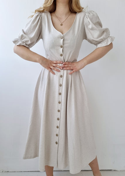 Vintage Handmade Beige Puff Sleeve Dress
