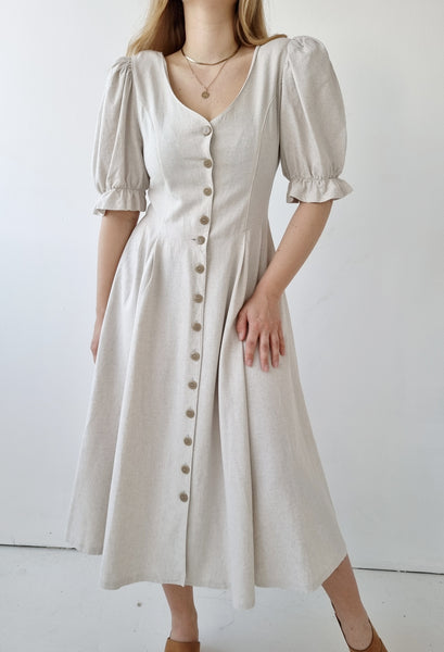 Vintage Handmade Beige Puff Sleeve Dress
