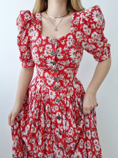 Vintage Red Daisy Puff Sleeve Dress
