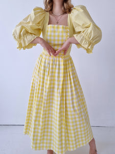 Vintage Rose Button Yellow Gingham Dress