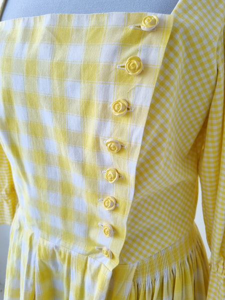 Vintage Rose Button Yellow Gingham Dress