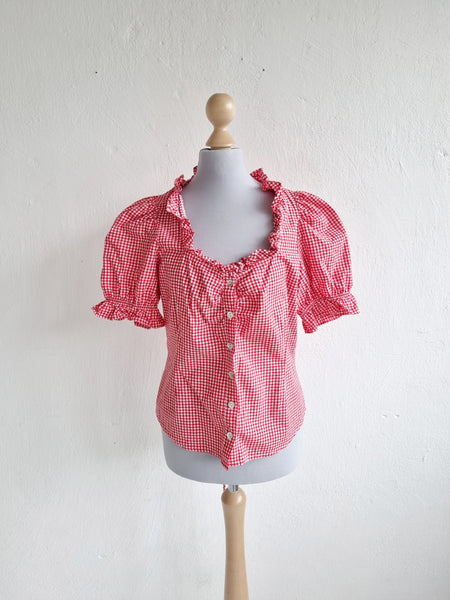 Red Lace Up Gingham Blouse