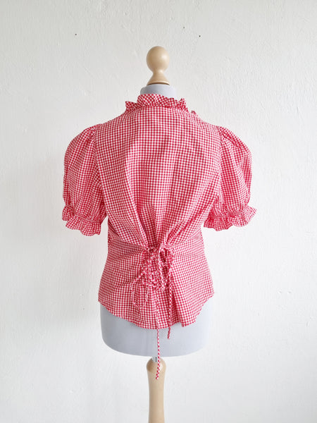 Red Lace Up Gingham Blouse