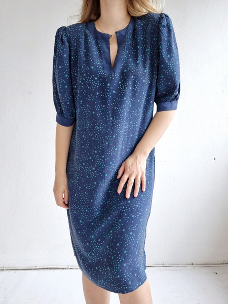 Vintage Pure Silk Star Puff Sleeve Dress