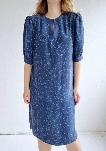 Vintage Pure Silk Star Puff Sleeve Dress
