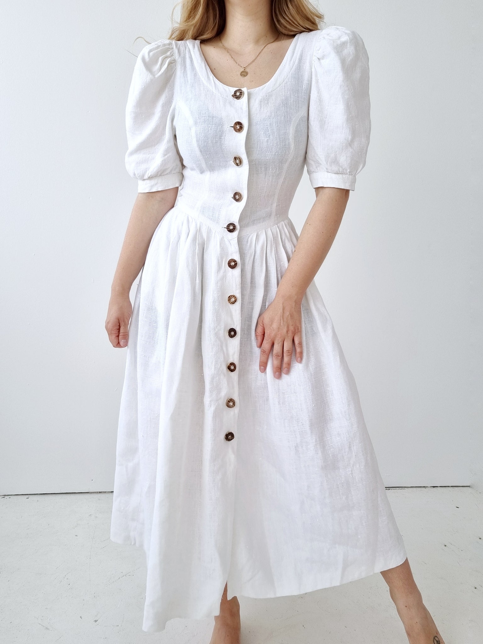 Vintage Pure Linen Puff Sleeve Dress