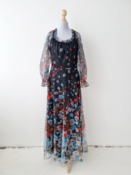Vintage Sheer Sleeve Floral Maxi Dress