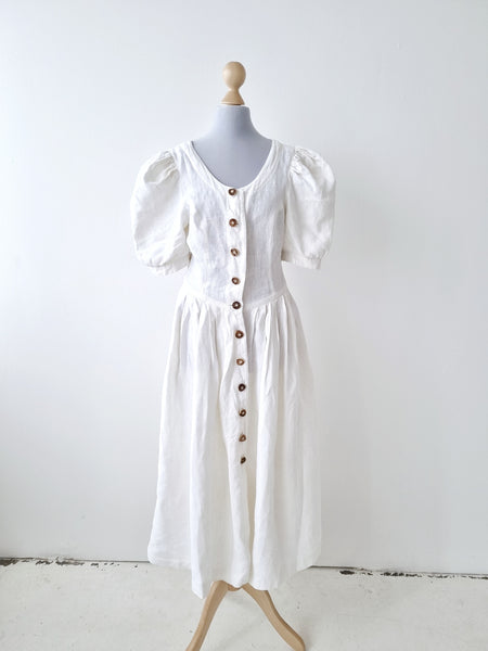 Vintage Pure Linen Puff Sleeve Dress
