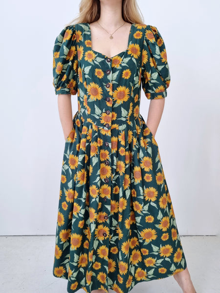 Vintage Green Sunflower Maxi Dress