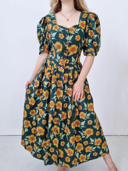 Vintage Green Sunflower Maxi Dress