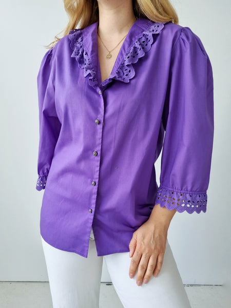 Vintage Purple Lace Puff Sleeve Blouse