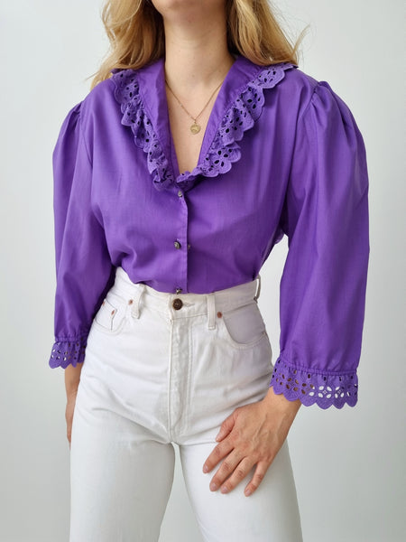 Vintage Purple Lace Puff Sleeve Blouse