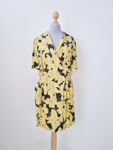 Vintage 80s Yellow Hibiscus Midi Dress