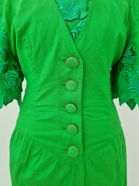 Vintage Pure Silk Green Roses Dress
