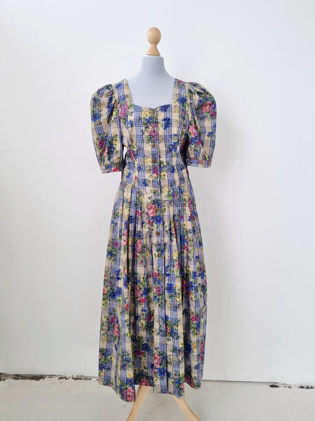 Vintage Plaid Floral Puff Sleeve Dress