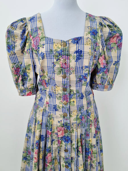 Vintage Plaid Floral Puff Sleeve Dress
