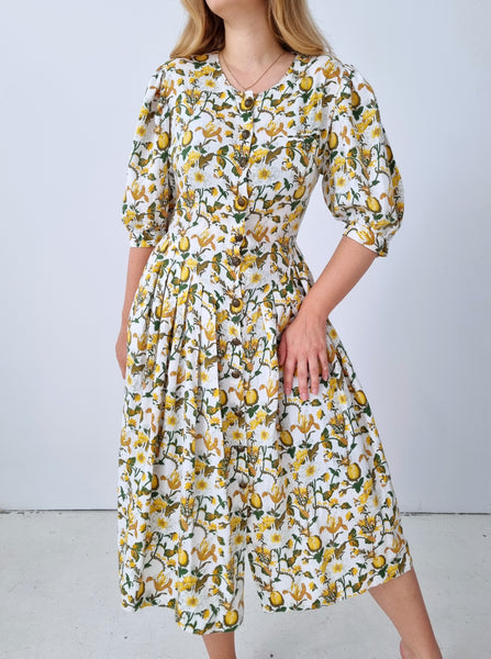 Vintage Yellow Floral Midi Dress