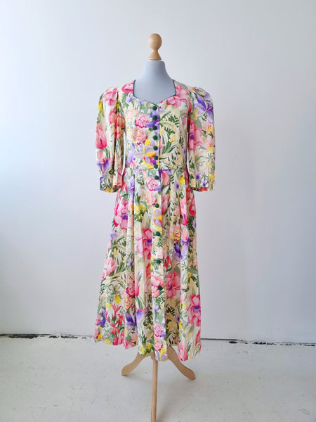 Vintage Pastel Bloom Puff Sleeve Dress