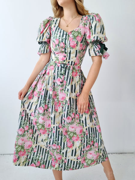 Vintage Striped Roses Puff Sleeve Dress