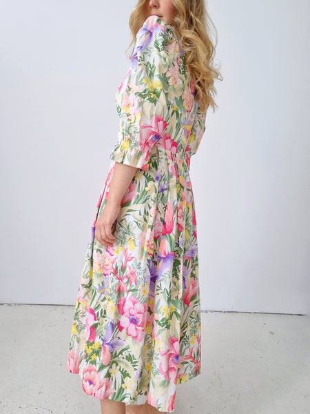 Vintage Pastel Bloom Puff Sleeve Dress