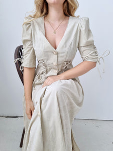 Vintage Beige Velvet Puff Sleeve Dress