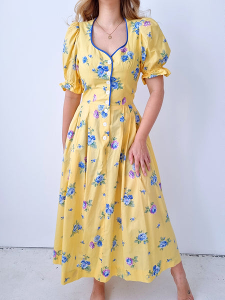 Vintage Yellow and Blue Flower Puff Sleeve Dress