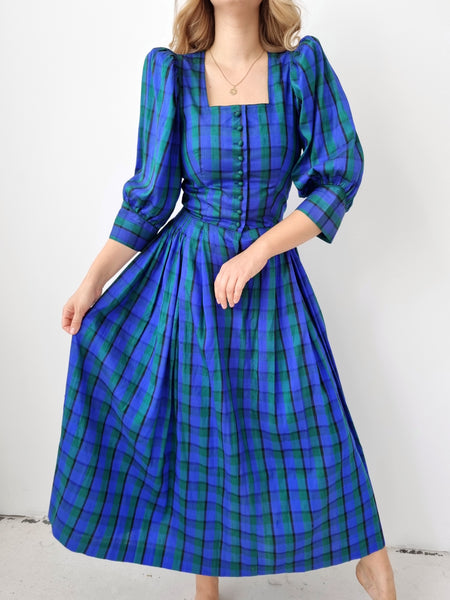 Vintage Electric Blue and Green Tartan Silk Dress