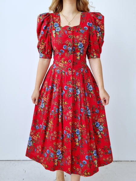Vintage Red Floral Midi Puff Sleeve Dress