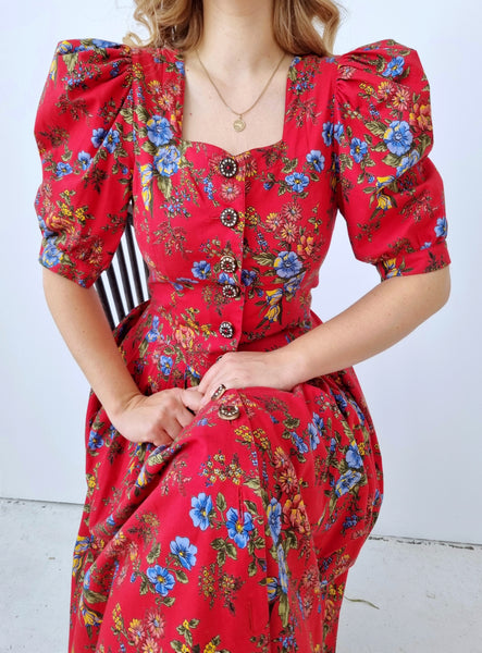 Vintage Red Floral Midi Puff Sleeve Dress
