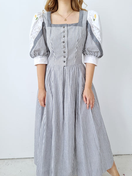 Vintage Stripped Lace Puff Sleeve Dress