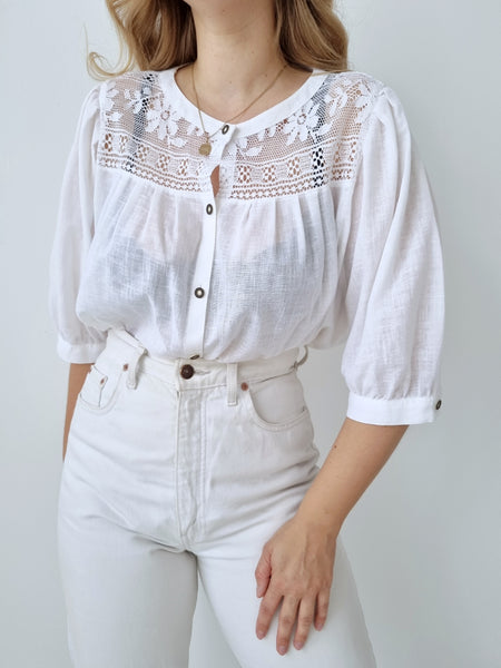 Vintage Lace Chest Puff Sleeve Blouse