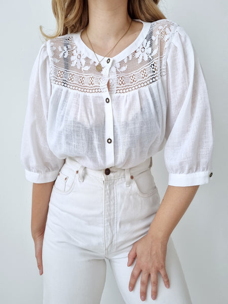 Vintage Lace Chest Puff Sleeve Blouse