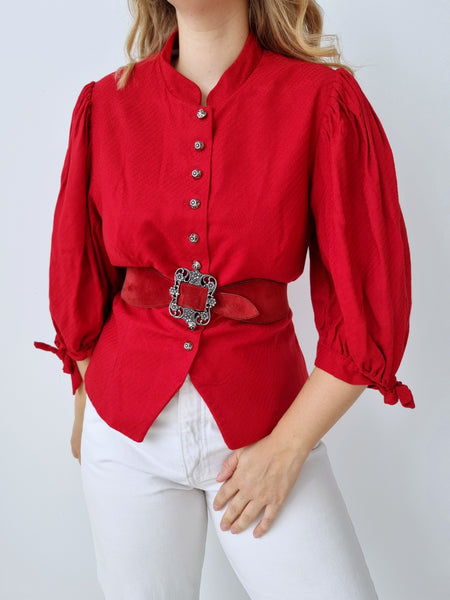 Vintage Cherry Red Puff Sleeve Blouse