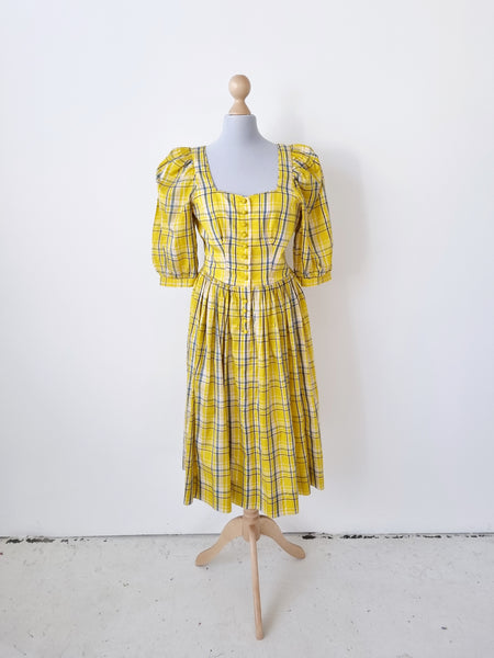 Vintage Yellow Tartan Pure Silk Dress