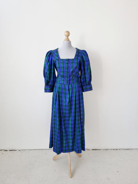 Vintage Electric Blue and Green Tartan Silk Dress