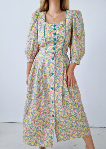 Vintage Rose and Yellow Floral Puff Sleeve Dress