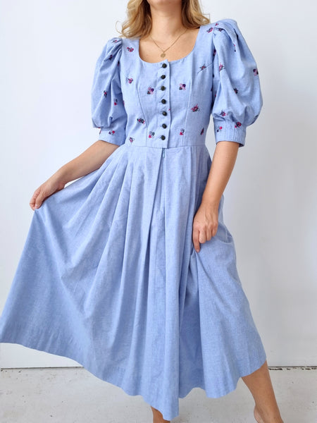 Vintage Embroidered Jeans Puff Sleeve Dress
